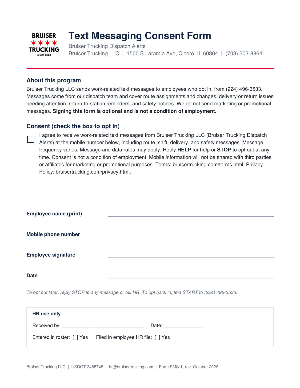 Bruiser Trucking Text Messaging Consent Form, Form SMS-1